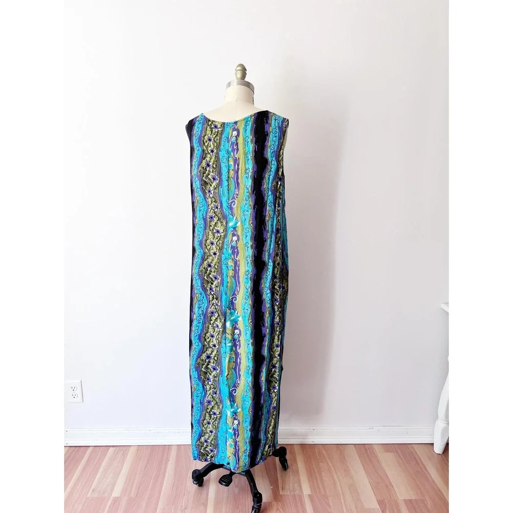 JM Collection Maxi Dress Blue Green Floral‎ Beaded Rayon Sleeveless Shift Large - Picture 4 of 8